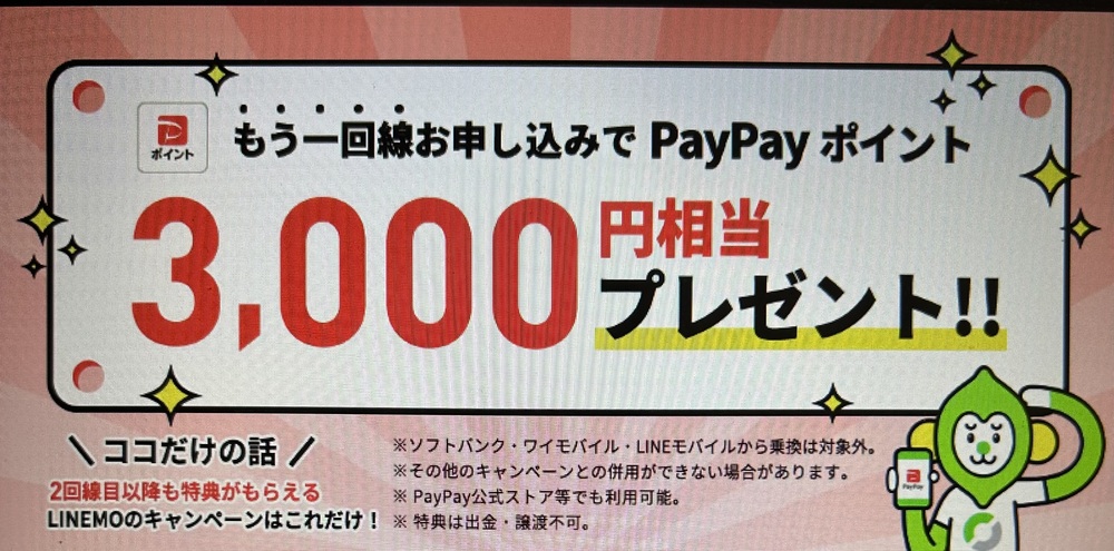 【LINEMO】追加申込でPayPayポイント3,000円相当プレゼントキャンペーン